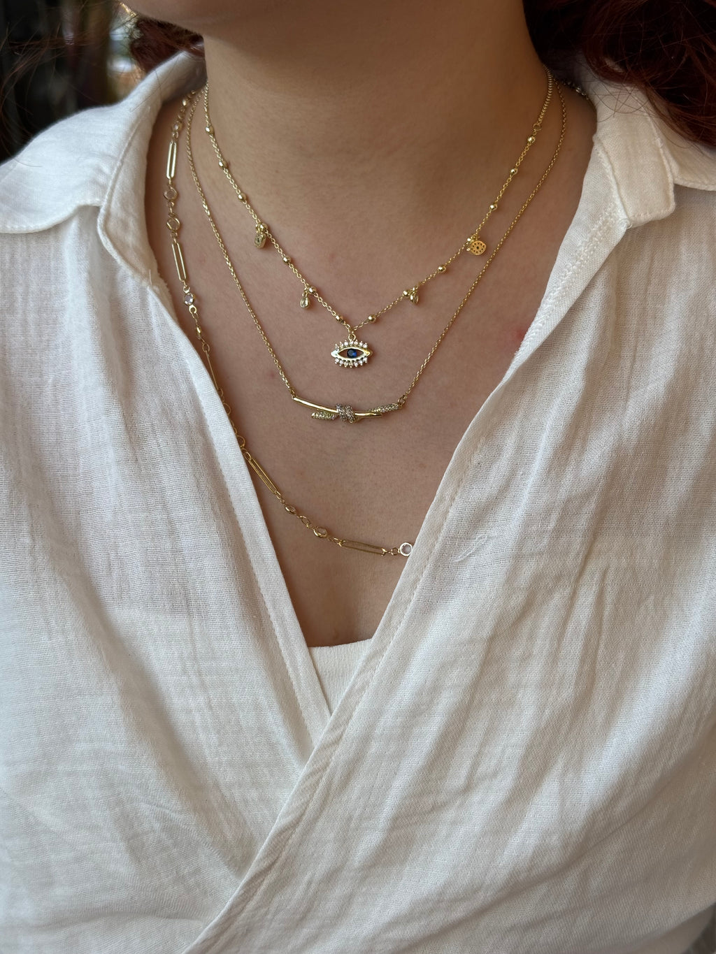 Nazar Detaylı Katmanlı Üçlü Gold Kolye Seti