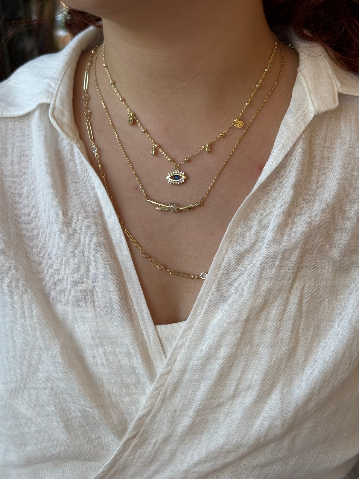 Nazar Detaylı Katmanlı Üçlü Gold Kolye Seti
