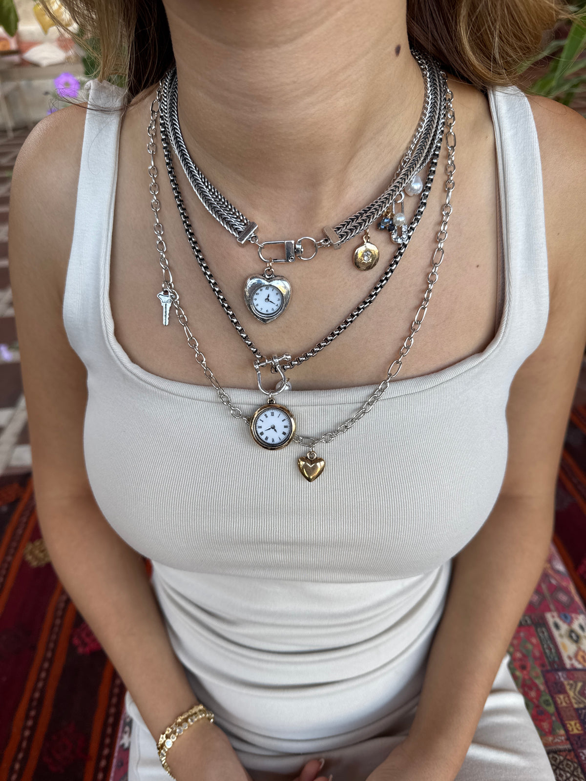 Katmanlı Vintage Saat Charm Kolye