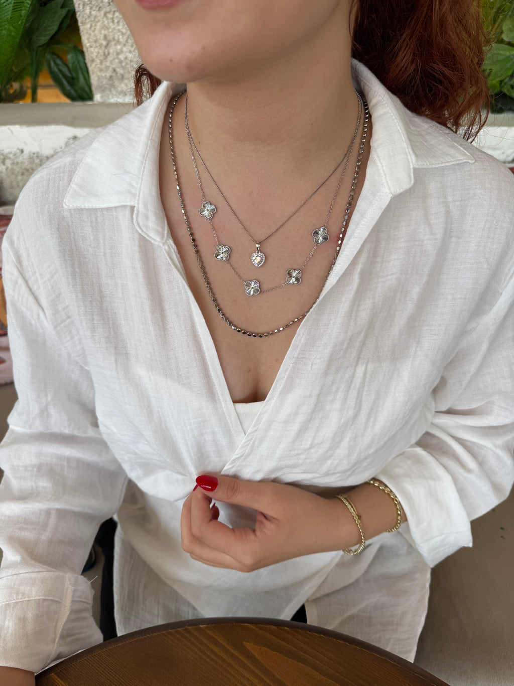 Yonca & Kalp Taşlı Üçlü Silver Kolye Seti