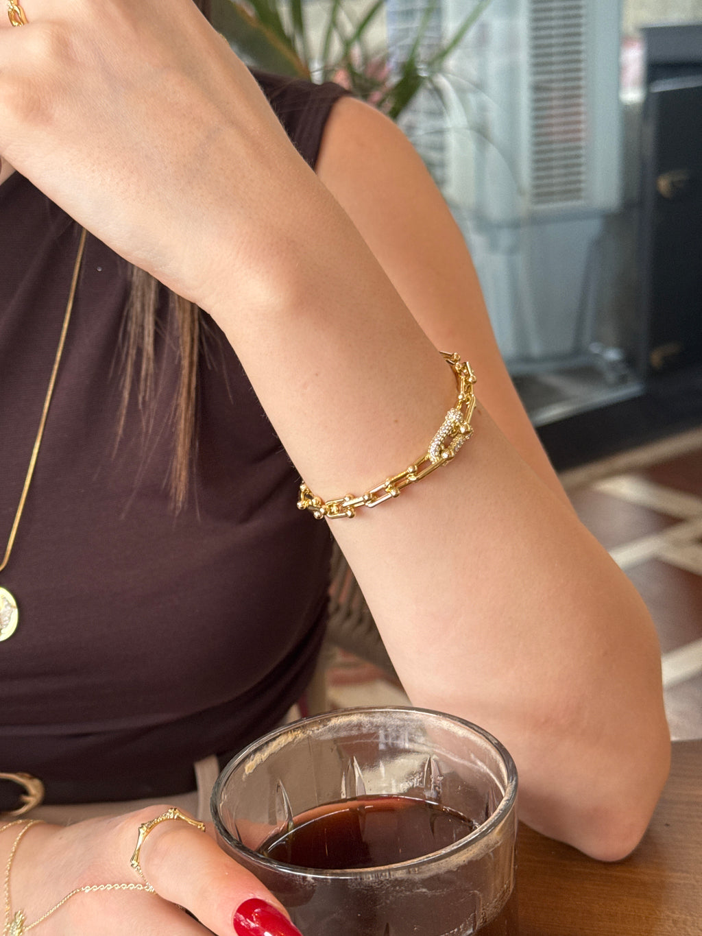 Gold Çift Zincir Kilit Detaylı Bileklik