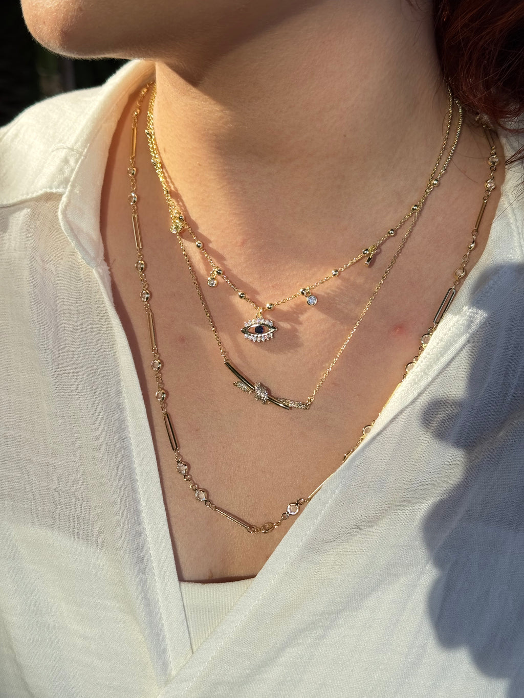 Nazar Detaylı Katmanlı Üçlü Gold Kolye Seti