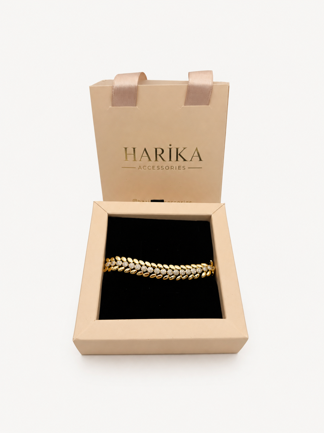 Gold Çift Sıralı Yaprak Taşlı Bileklik