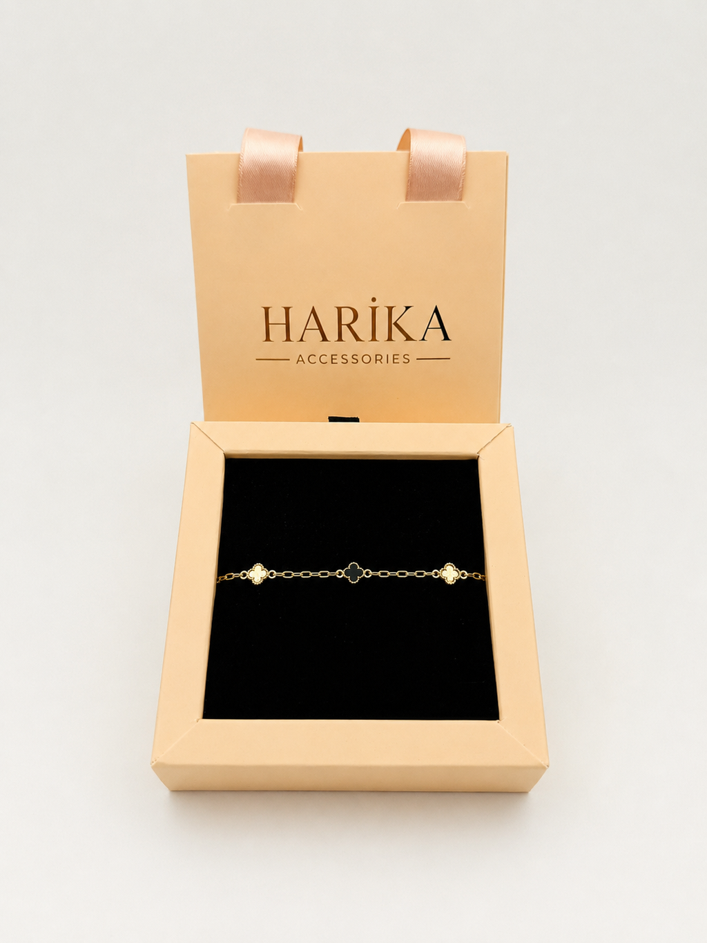 Gold Siyah Yonca Taşlı Bileklik