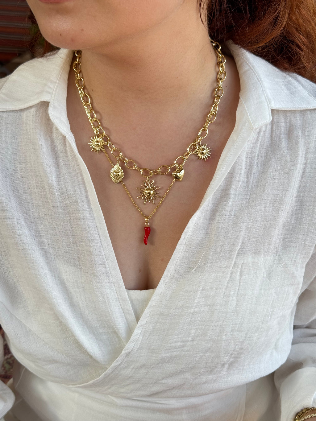 Cornicello & Güneş Charm İkili Gold Kolye Seti